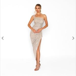 Nicole Bakti Silver Sequin Halter Gown ✨ Side Slit | Size 4 | Evening Dress